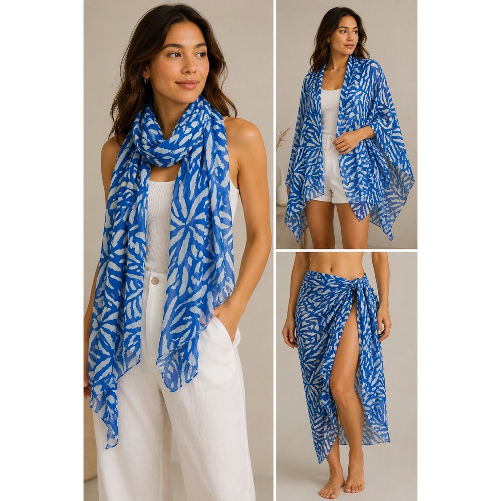 Vivante by VSA Blue White Abstract Print Oversized Scarf Sarong Wrap Viscose